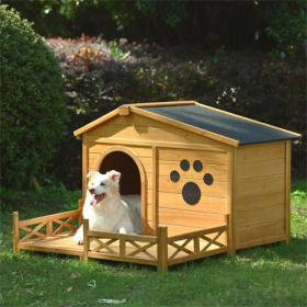 48 Wooden Dog House Outdoor With Porch, Dog Kennel With Water-Resistant Asphalt Roof And Fencing,Indoor & Outdoor Dog Crate With Paw Print, Mediu (Option: Natural)