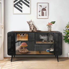 Spacious Cat Houses With Tempered Glass Are Suitable For Living Rooms, Hallways, Dens, And Other Spaces (Color: Black)