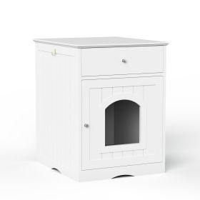 Wooden Pet House Litter Box Fence With Drawers (Color: White)