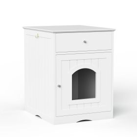 Wooden Pet House Cat Litter Box Enclosure With Drawer Side Table Cat Home Nightstand (Color: White)