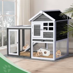 House Type With Ladder Gray Fir Wood Chicken Rabbit Cage (Option: Grey white)