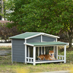 GO 47.2 Large Wooden Dog House Outdoor, Outdoor & Indoor Dog Crate, Cabin Style, With Porch, 2 Doors, Gray And Green (Option: Gray)