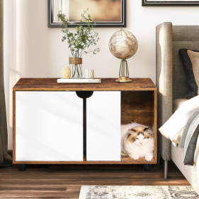 Cat Litter Box Enclosure, Hidden Cat Washroom, Kitty End Table, Furniture Style With Double Doors,White  Vintage (Option: WhiteVintage)