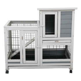 Wooden Rabbit House, Outdoor Pet Rabbit House, Wooden Cage With Ventilated Grid Fence, Openable Door, Cleaning Tray, Grey (Color: Grey)