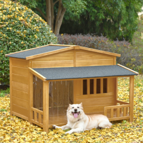 GO 47.2 Wooden Dog House, Outdoor & Indoor Dog Crate, Pet Kennel With Porch, Solid Wood, Weatherproof, Medium, Nature (Option: Natural Wood)