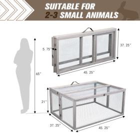 Folding Rabbit Hutch With Perch Pole, Wooden Foldable Guinea Pig Runway, Outdoor Rabbit Cage, Portable, Grey (Color: Grey)